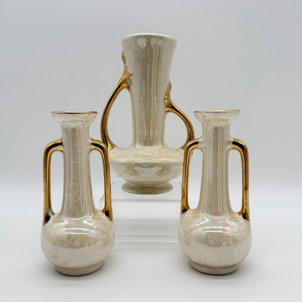 Vintage Pearl Company Lusterware Aladdin Style 22kt Gold Vases - Set Of 3